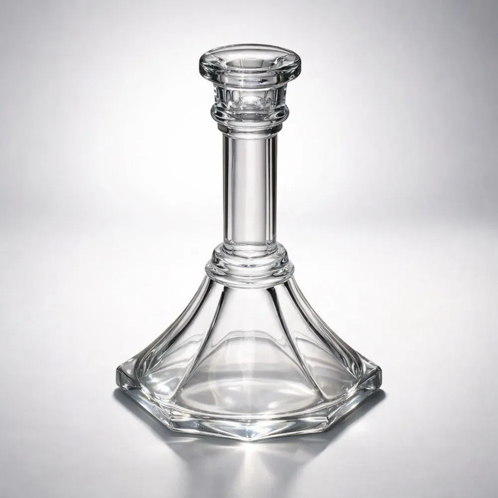 Pair of Mid Century Homco Clear Ribbed Glass Taper Candle Holders‎ Hexagonal